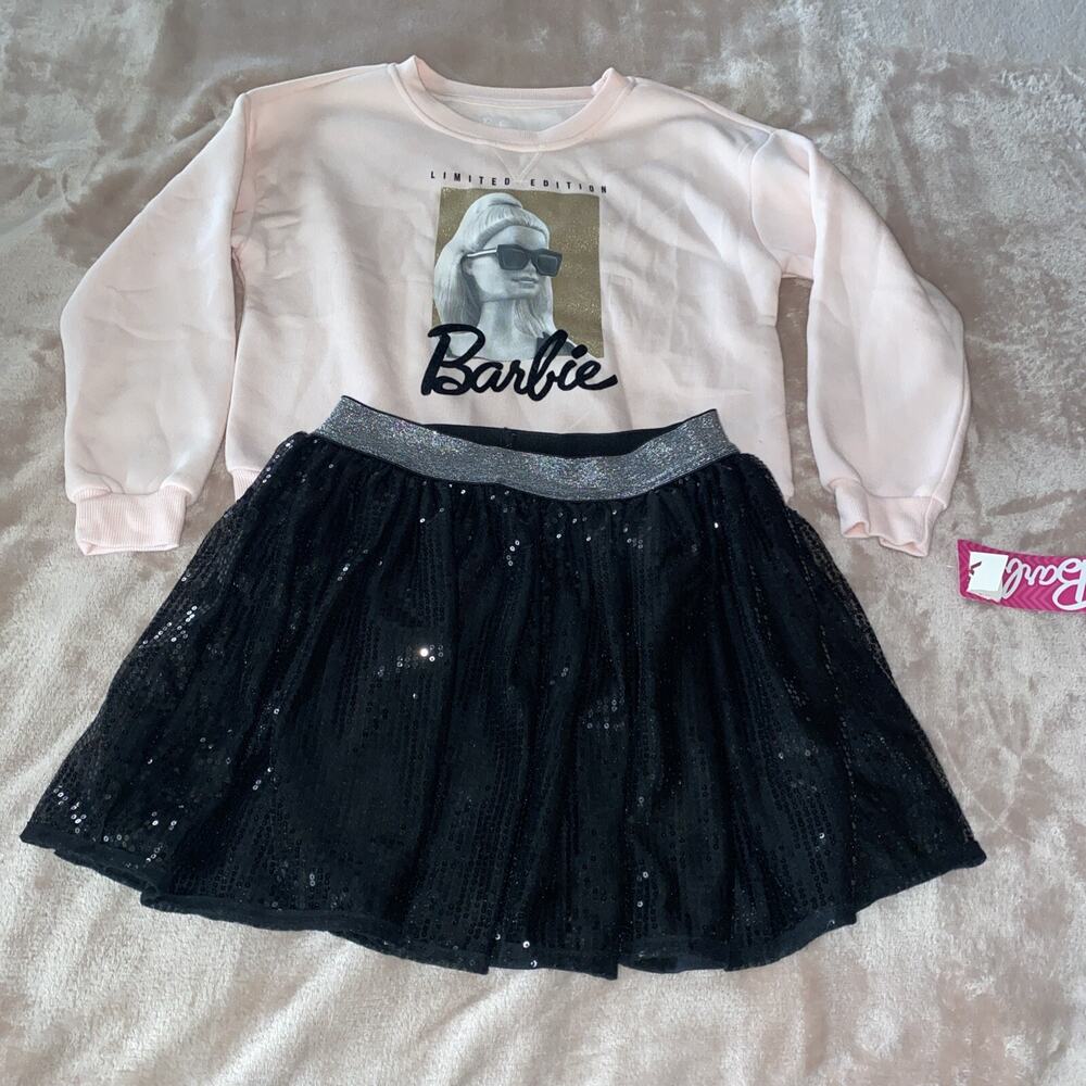 Limited Edition Barbie Girls Sweatshirt Pink LS Black Sparkly Skirt Size 7-8 NWT